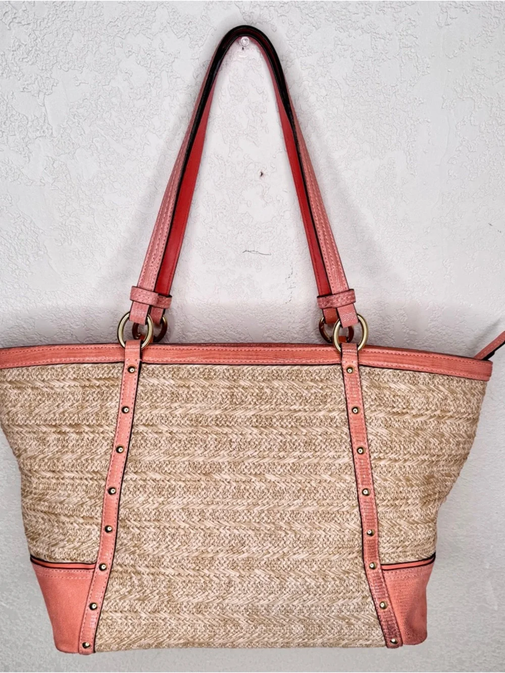 Coach Alexandra raffia with leather Coral Trim with Flower Charm & logo charm - Picture 5 of 14